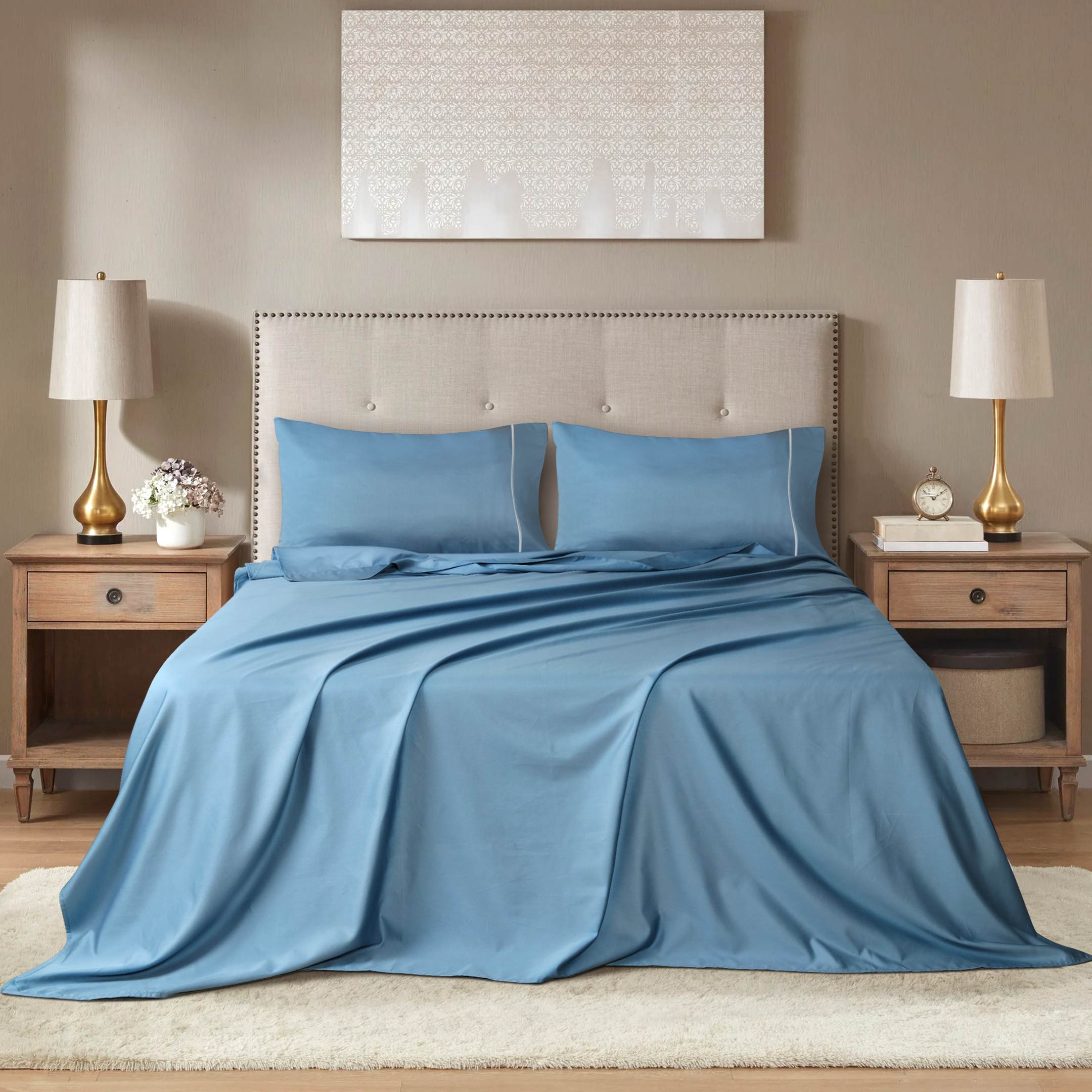 Barrata Stitch Cotton Sateen Sheet set Provincial Blue