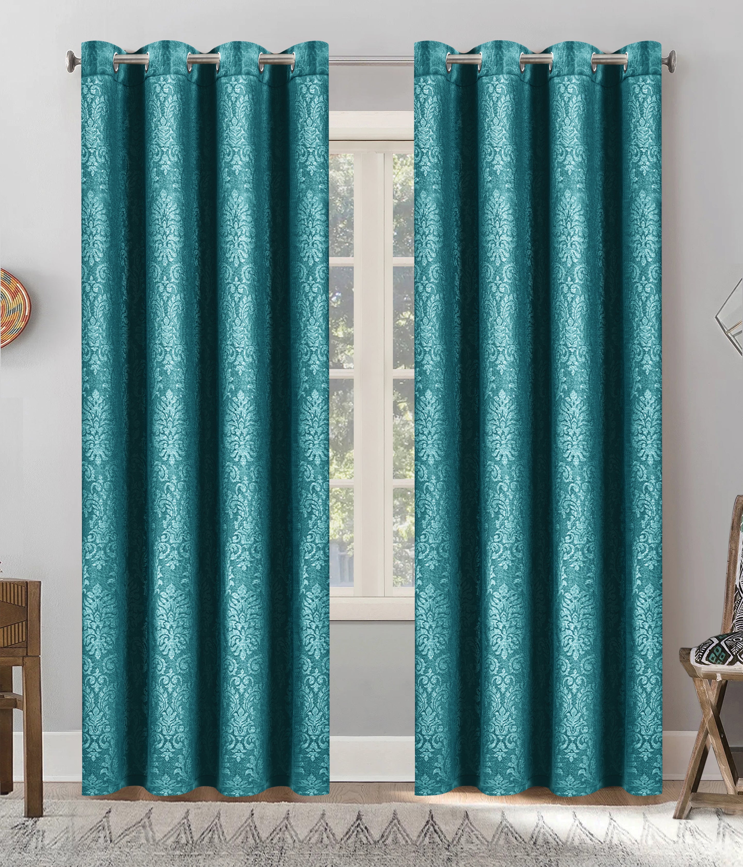 Microfiber Embossed Blackout Curtain  Teal Single Panel