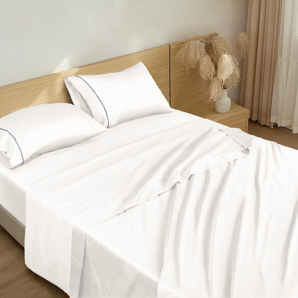 Barrata Stitch Cotton Sateen Sheet Set White