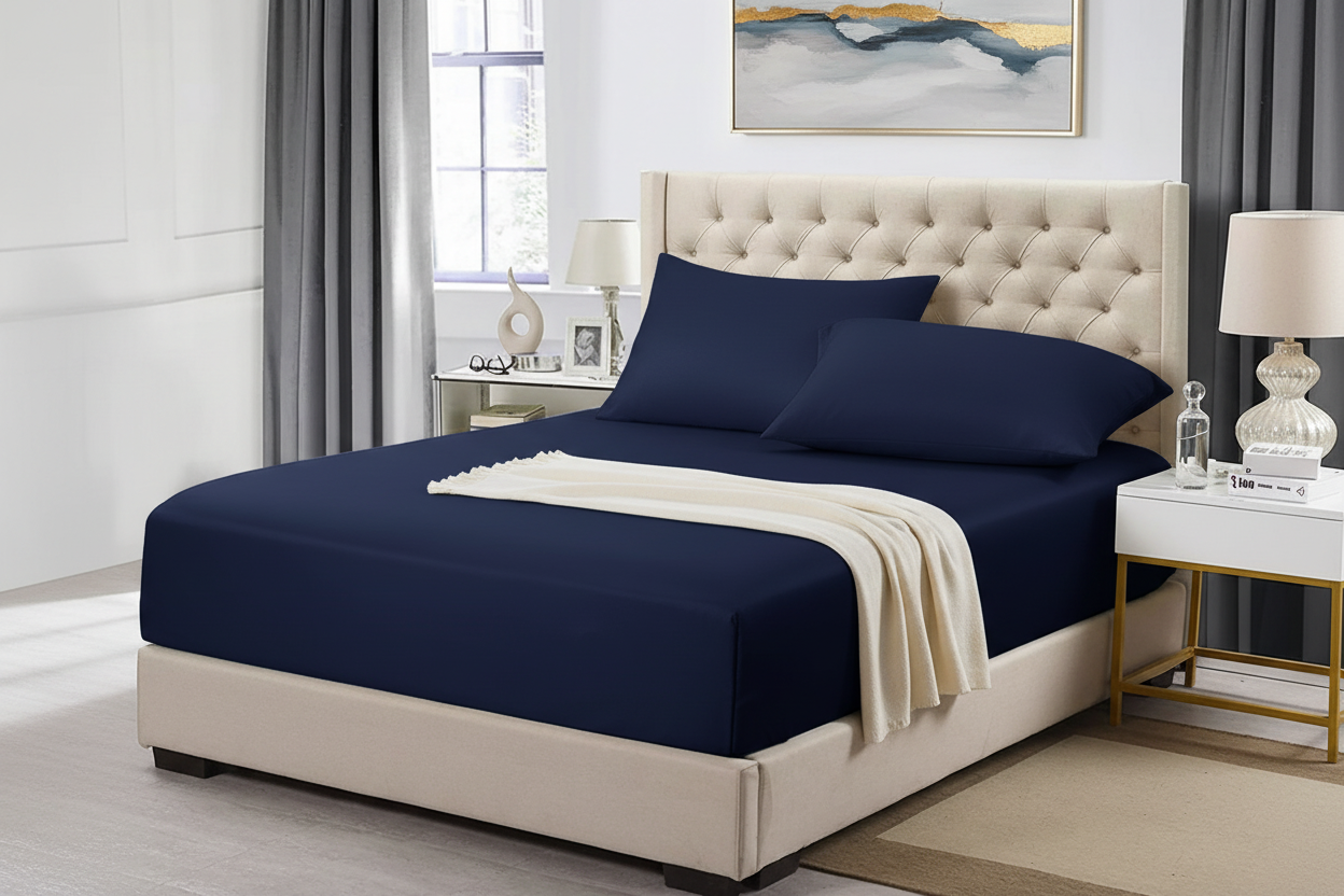 Navy Blue Fitted Sheet with 2 Pillows Slider